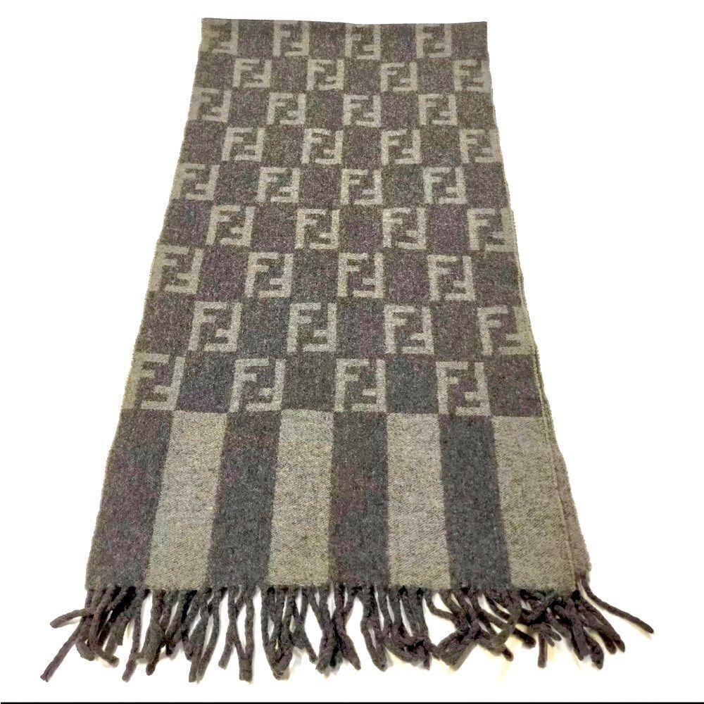 Auth Fendi Shades of Gray Print Wool Scarf Muffler Stole